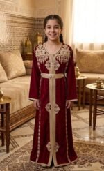 Caftan Marocain Fille / Enfant – Broderies Dorées & Ceinture Assortie